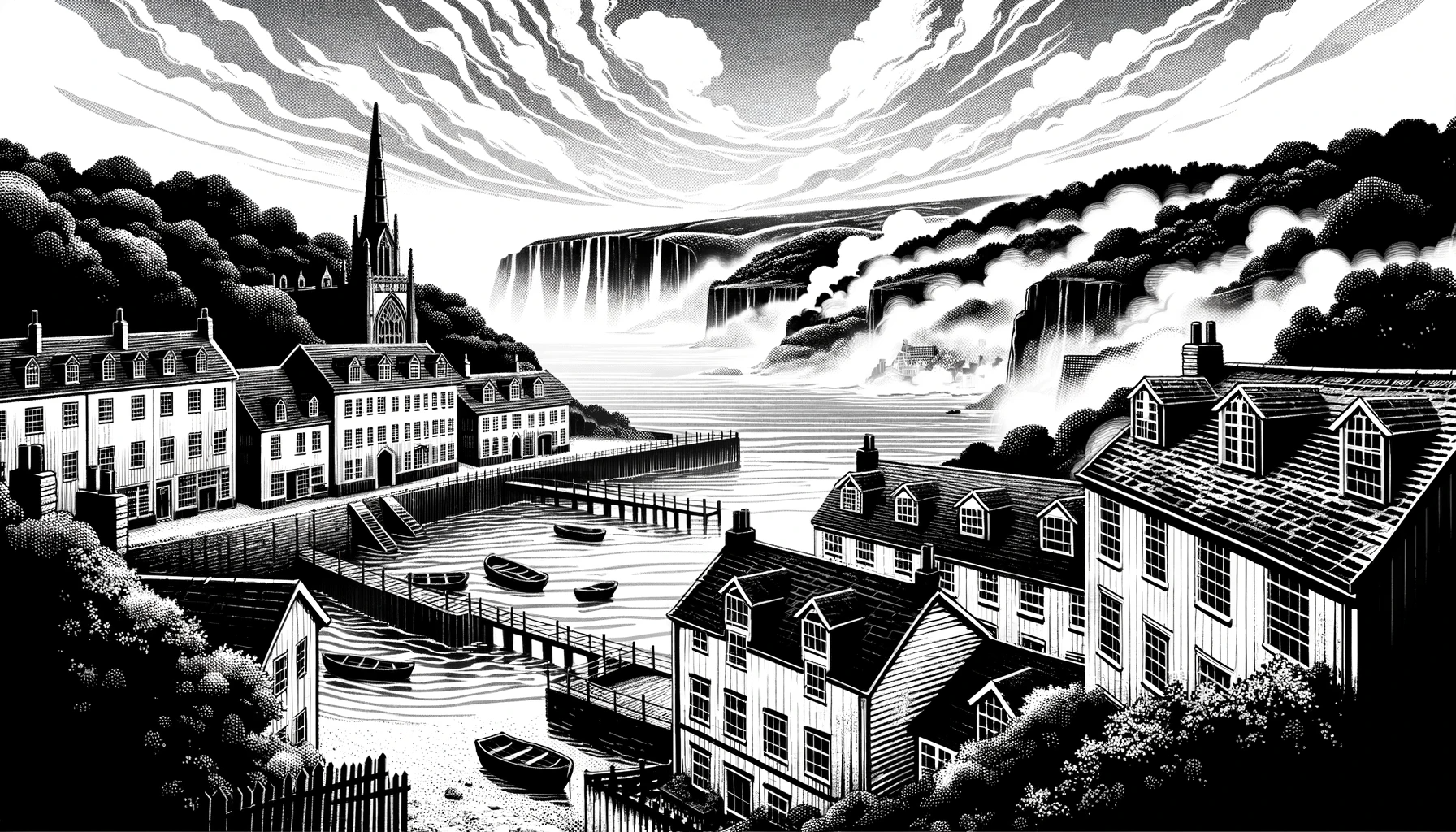 A quiet coastal town named Whispering Bay with mist rolling in from the sea.