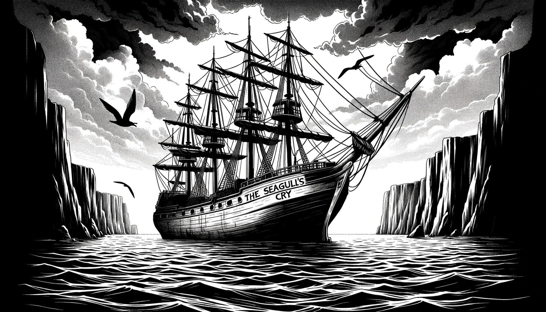 The ship 'The Seagull's Cry' anchored just outside the bay.