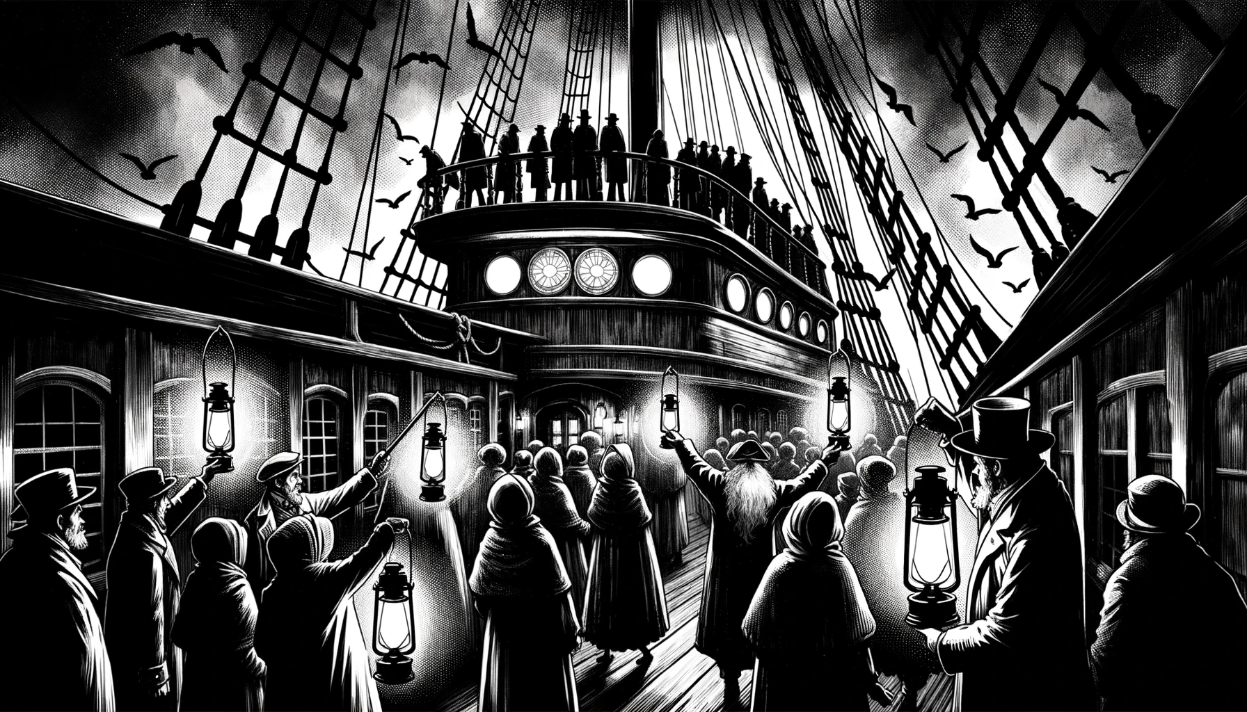 Townsfolk with lanterns boarding 'The Seagull's Cry'.
