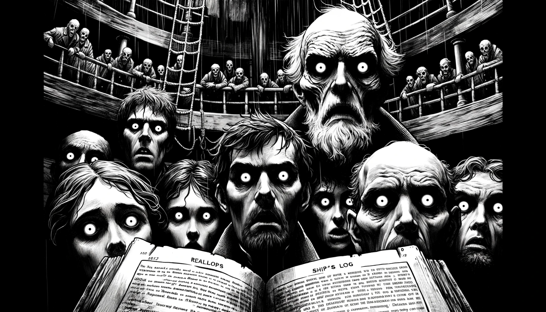 The crew of 'The Seagull's Cry' with lifeless eyes and faces of terror.