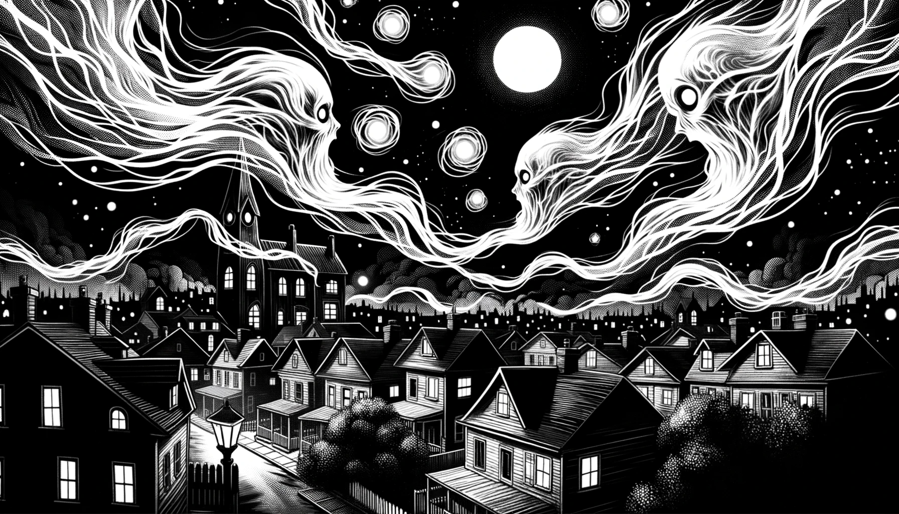 Whispering Bay at night with ethereal tendrils representing the eerie whispers.