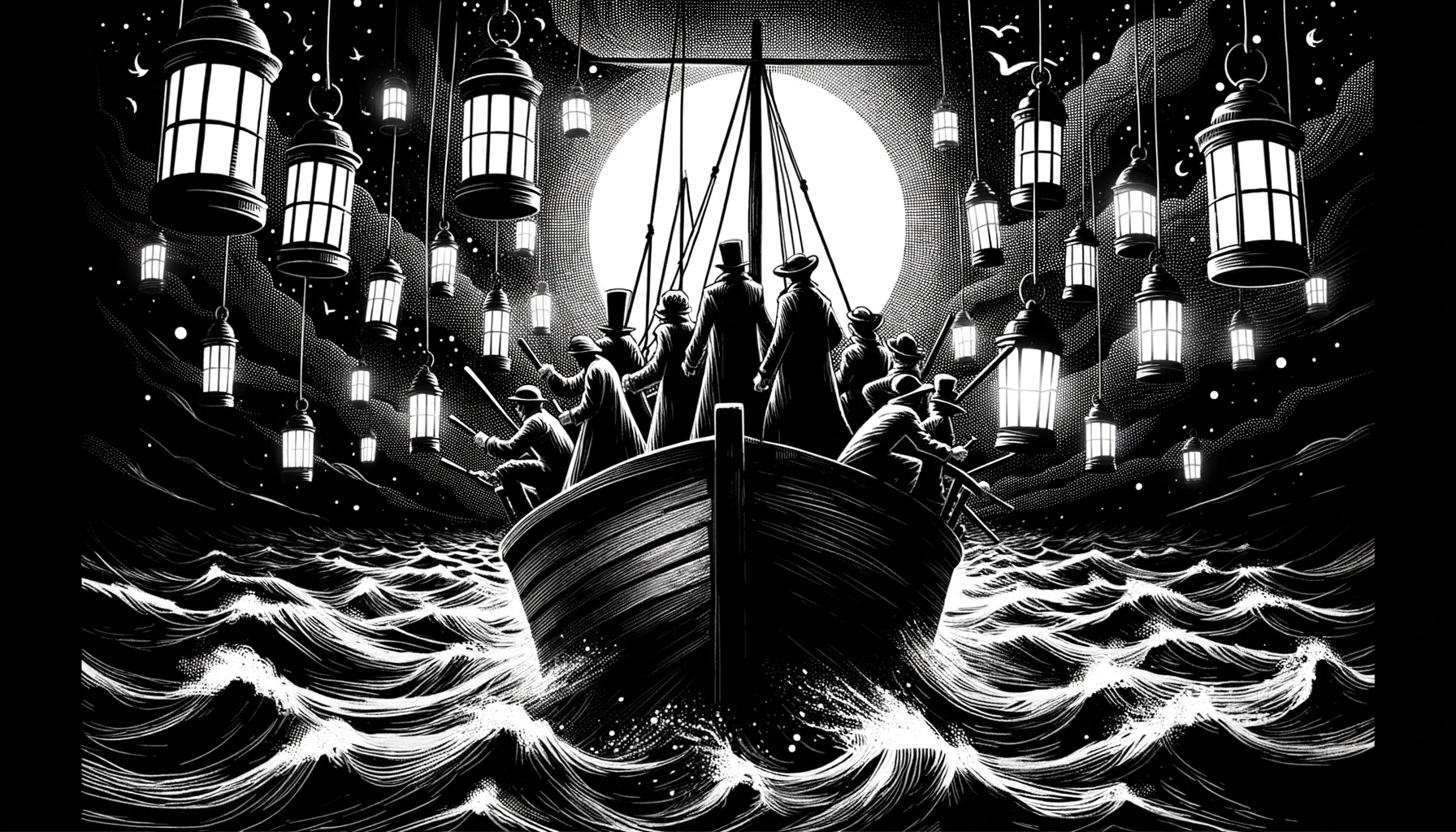 Brave townsfolk on a boat during a moonless night.