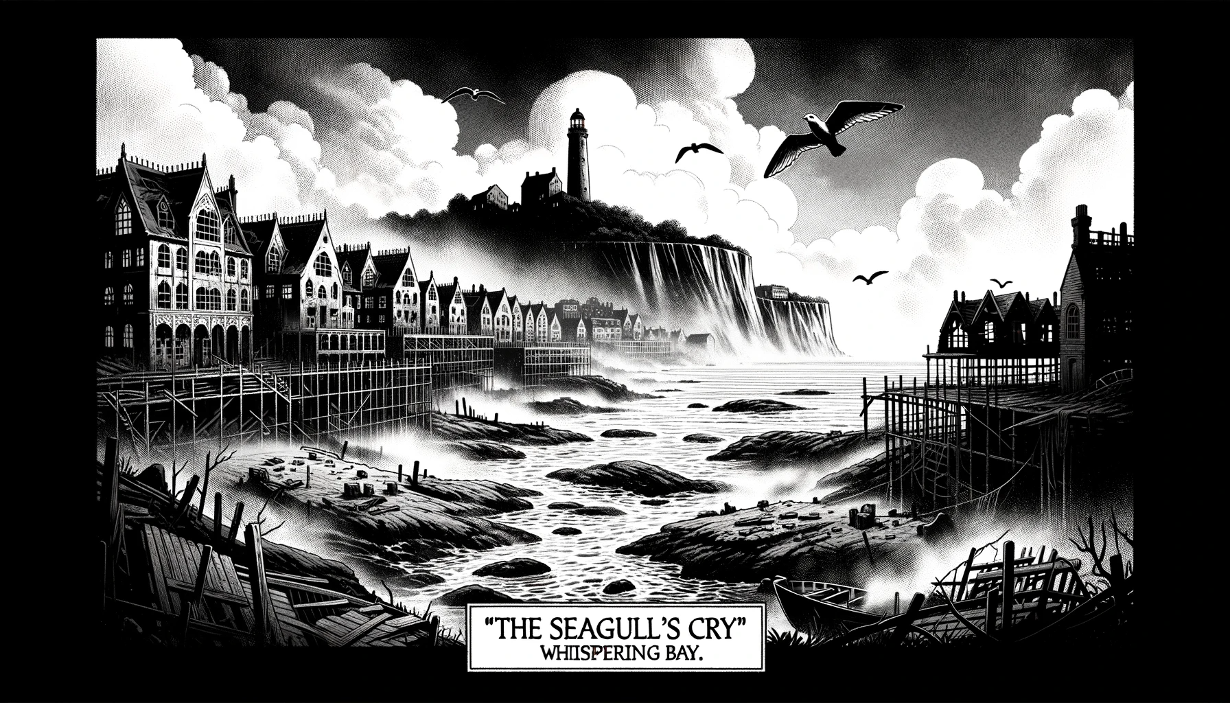 The abandoned Whispering Bay with ghostly apparitions of 'The Seagull's Cry'.